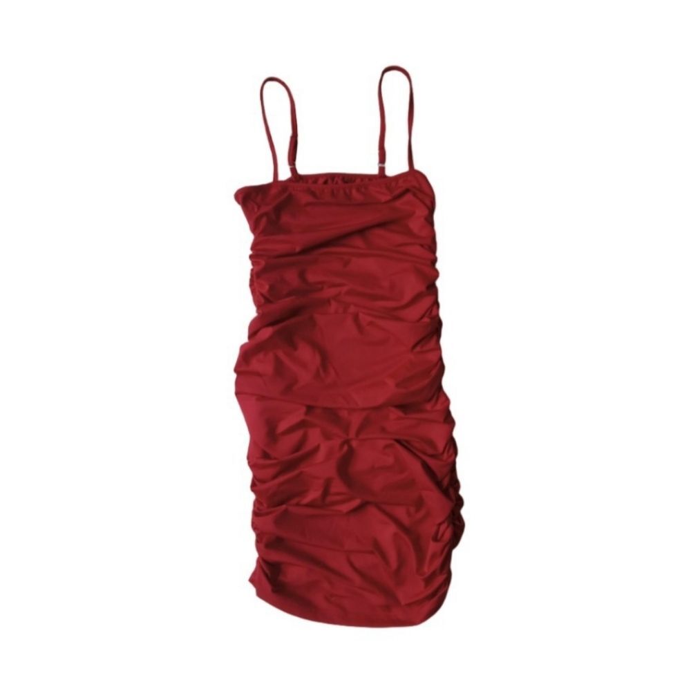 No Brand Red Spaghetti Straps Ruched Mini Length Bodycon Dress Women's Small